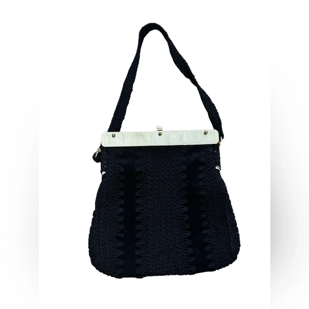 Vintage Italian Woven Knit Handbag – Black – Structured Top Handle - 1960s
